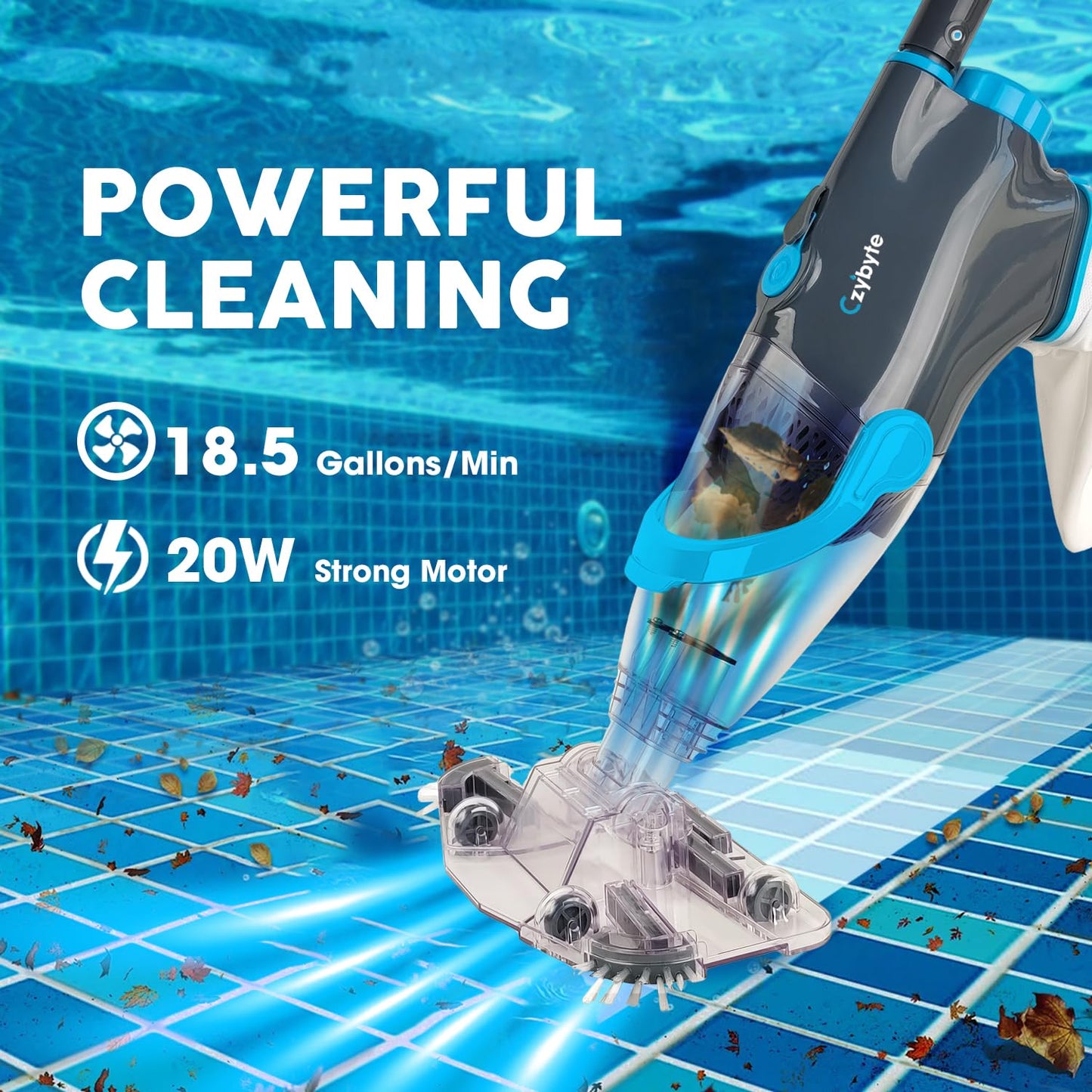 CZYBYTE Handheld Pool Vacuum Cleaner, Rechargeable Pool Bottom Cleaner with Strong Suction, 1 H Runtime, 89 inchs Extension Pole,for Above Ground/Inground Pools, Spas and Hot Tubs, Grey