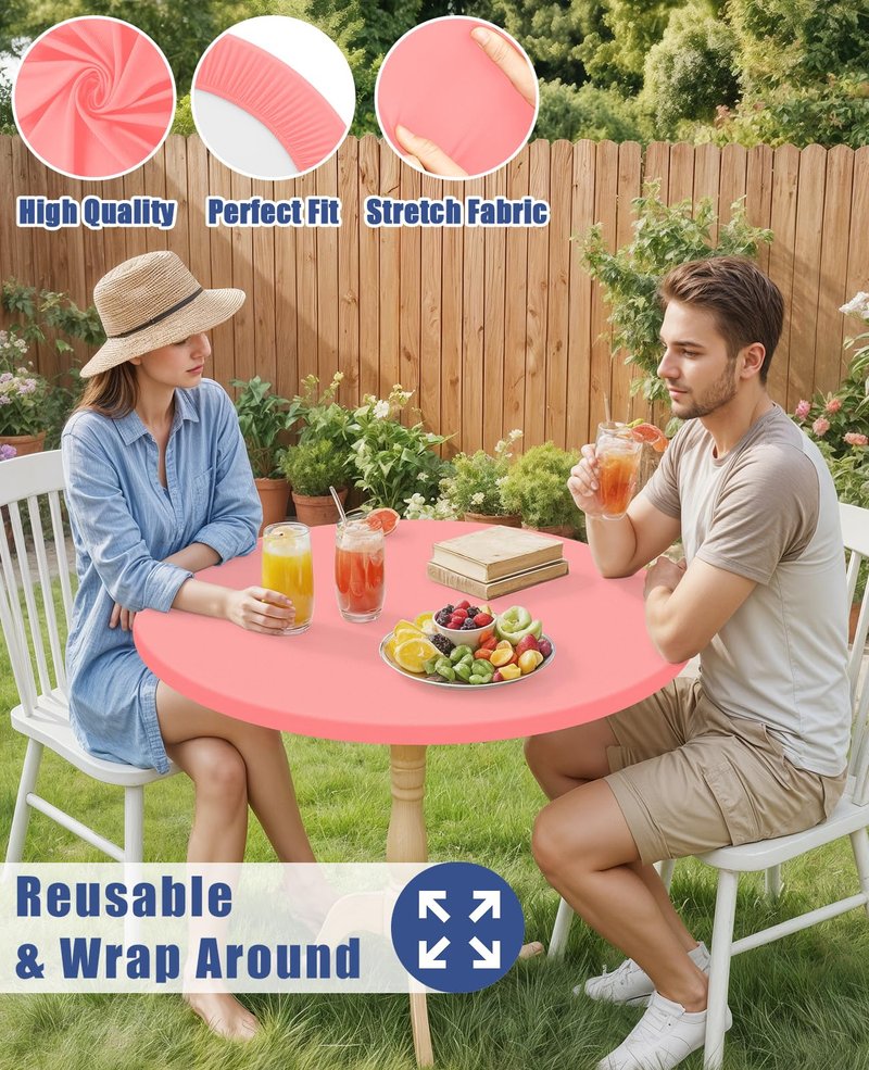 Moosfor Round Spandex Tablecloth, Elastic Fitted Waterproof Tablecloths for 25"-30" Tables, Stretch Washable Picnic Table Cover for Camping, Dining, Indoor and Outdoor,Coral Red
