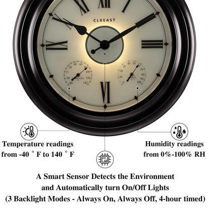 CLXEAST Illuminated Outdoor Indoor Metal Clocks Waterproof 24 inch, Oil Rubbed Bronze Black,Oversized Large Outdoor Roman Numeral Wall Clock with Thermometer & Hygrometer