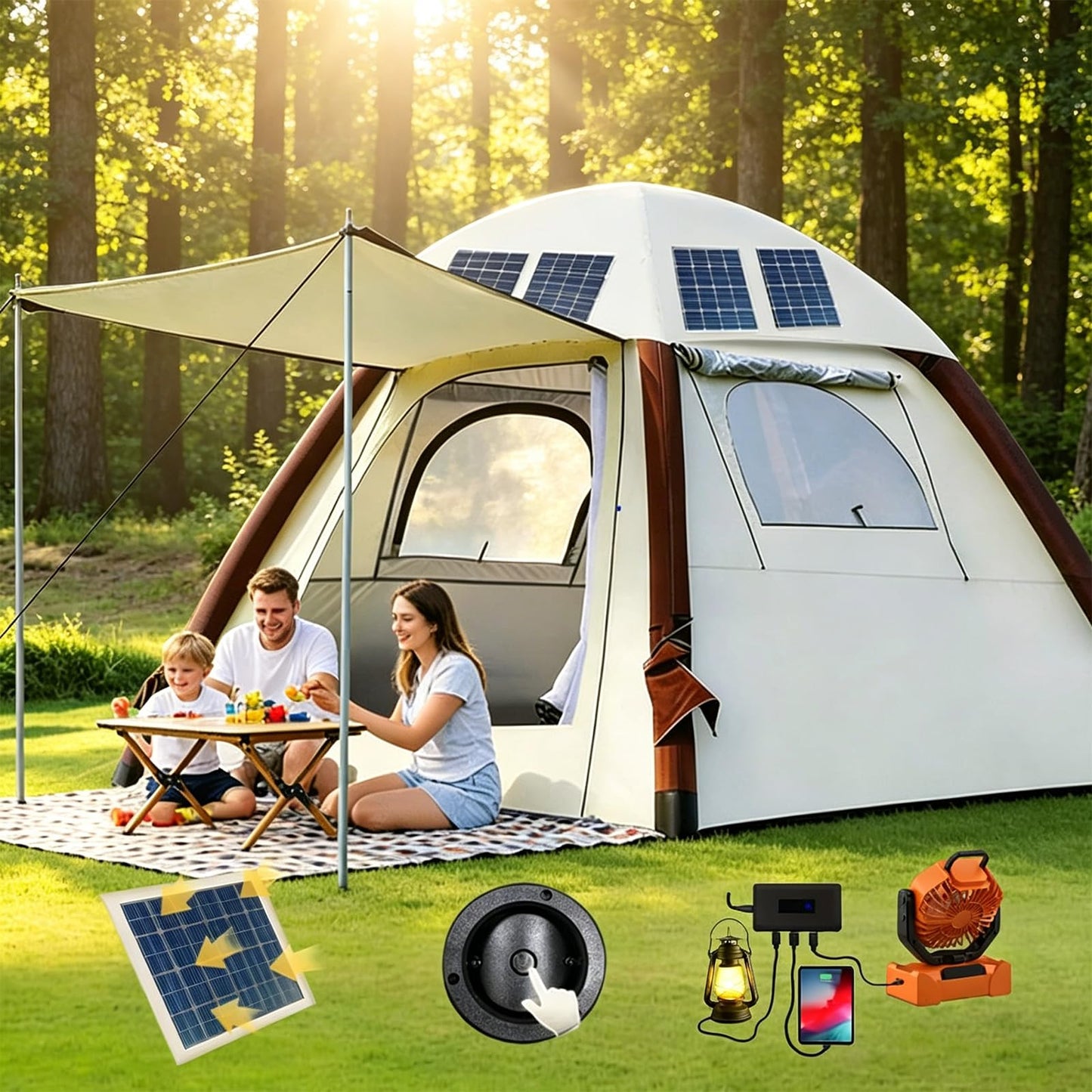 Automatic Tents for Camping 4 Person with Rechargeable Device, Portable Carry 4000mm Waterproof & UV Protection Pop Up Tent, Easy Setup Instant Cabin Tents for Family Camping & Hiking