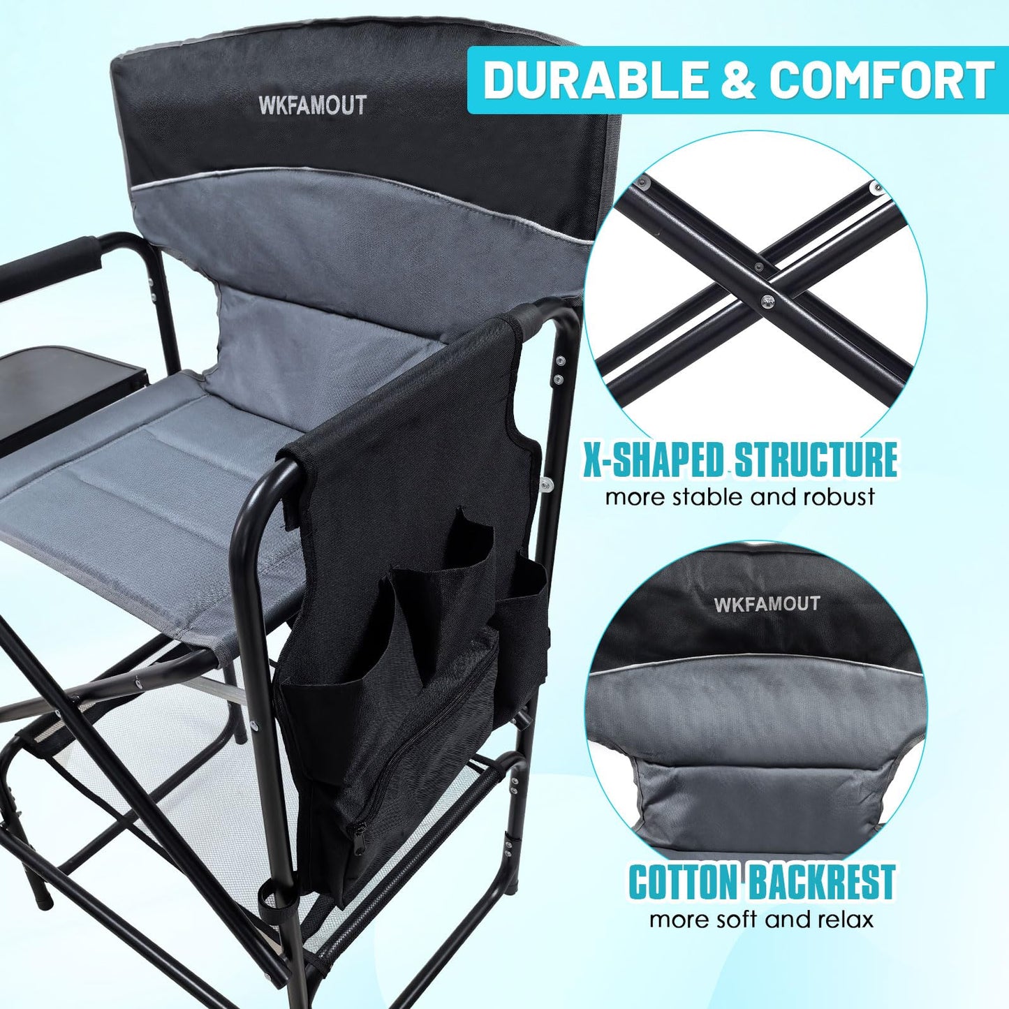 WKFAMOUT Tall Folding Director Chair 30.7" Seat Height Foldable Bar Stool for Makeup Artist Face Painting with Side Table Carry Bag and Cosmetic Bag Supports 350LBS