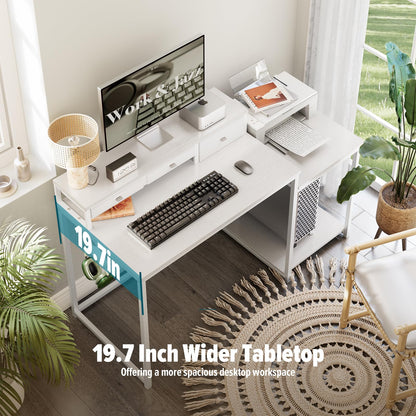 SINPAID 47 inch Computer Desk with Printer Shelf, Gaming Desk with Monitor Stand and Drawers, Reversible Home Office Desk with Storage Shelves and 2 Hooks, Home Workstation for Study Writing, White