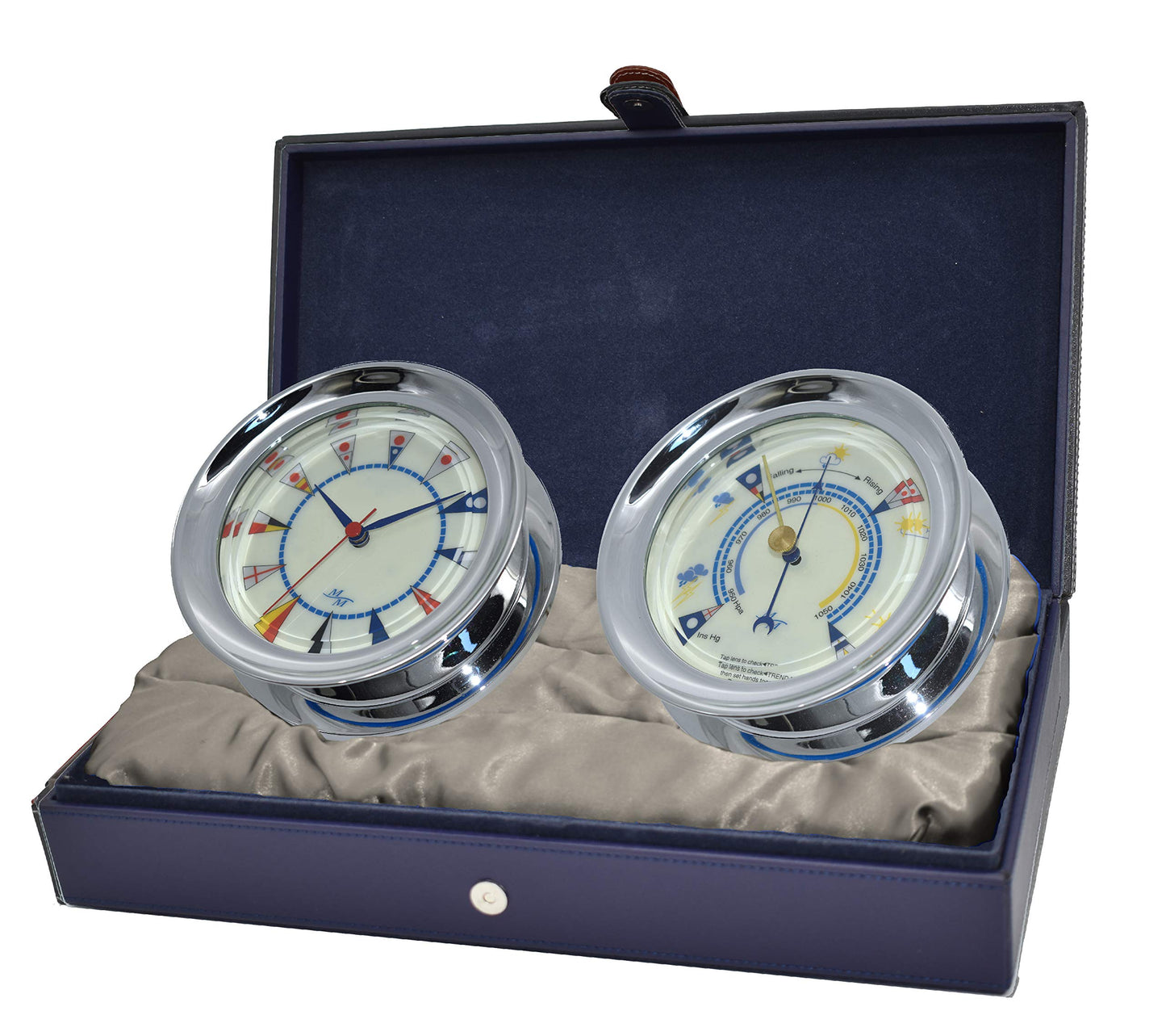 MASTER-MARINER American Voyager Collection, Nautical Windlass Gift Set, 5.85” Diameter Clock and Barometer Instruments, Chrome Finish, Ivory Signal Flag dial