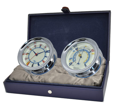 MASTER-MARINER American Voyager Collection, Nautical Windlass Gift Set, 5.85” Diameter Clock and Barometer Instruments, Chrome Finish, Ivory Signal Flag dial