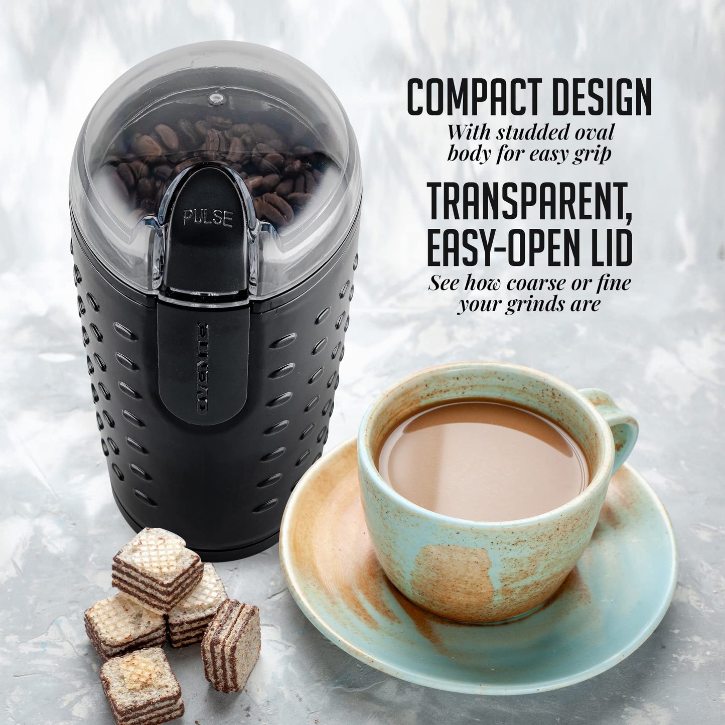 OVENTE Electric Coffee Grinder for Beans, Spices and More, 2.5Oz Compact Grinding Mill, Spice Grinder with Stainless Steel Blade, Pulse Button Operation and Transparent Easy to Open Lid, Black CG225B
