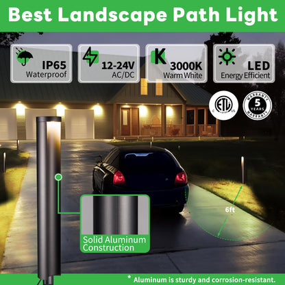 Varmtalys Outdoor Path Lights, LED Landscape Pathway Lights, 12V Low Voltage Wired, Waterproof 5W 200LM Black Aluminum for Backyard Patio 6 Pack