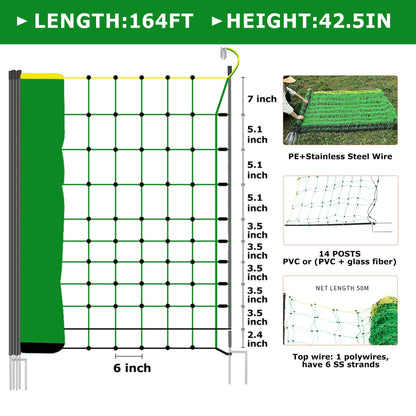 Electric Fence Netting, 42.5" H x 164' L, Larger Animals Electric Fencing for Backyards, Homesteaders, Farms, Ranches, Gardens