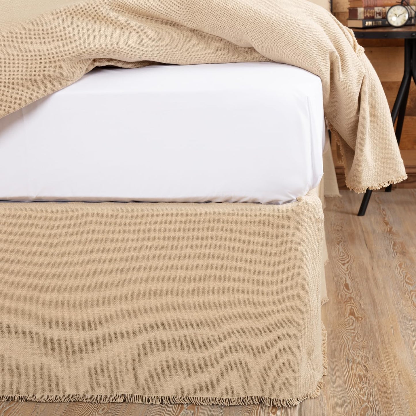 VHC Brands Burlap Fringed Bed-Skirts, Queen, Vintage White Tan