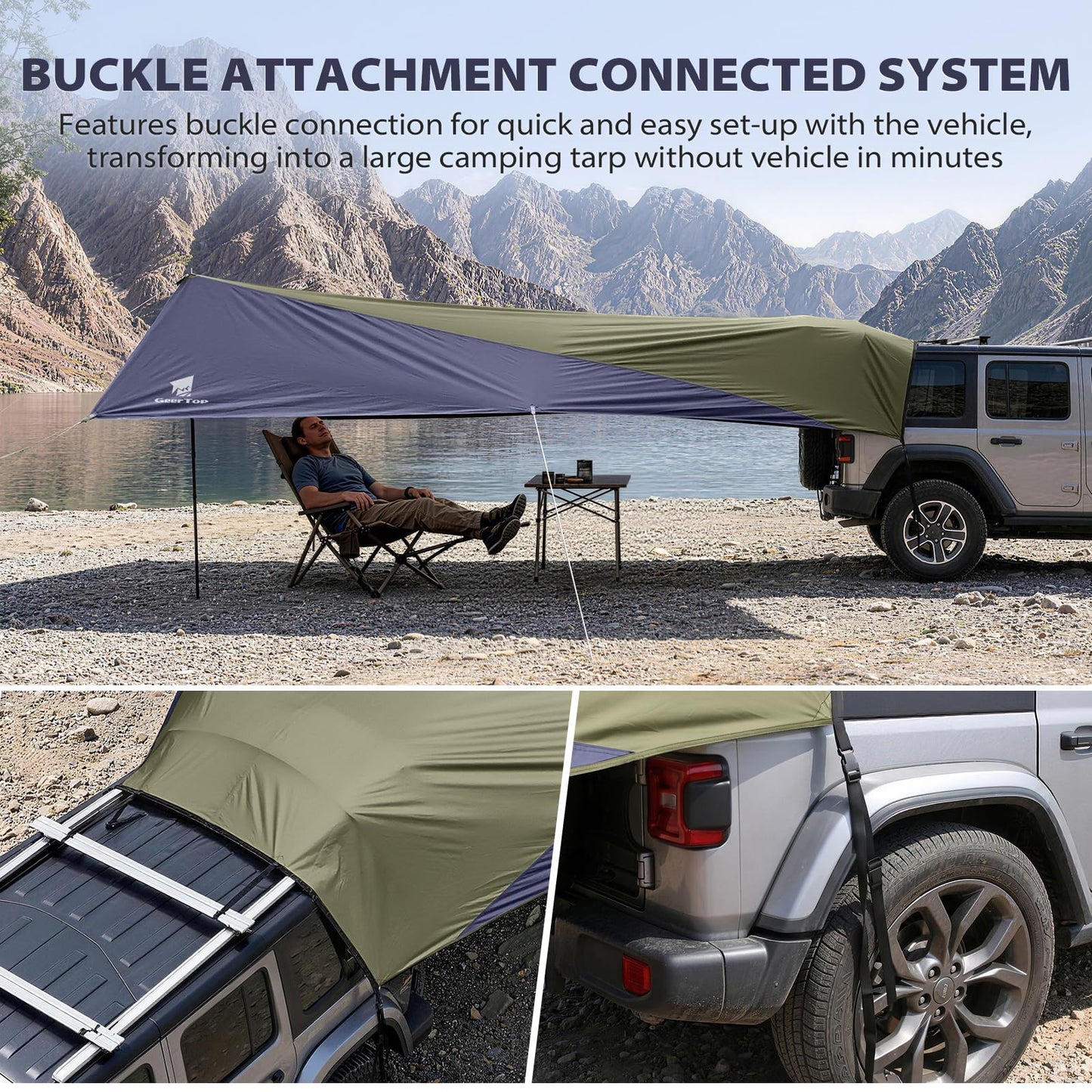GEERTOP Large Car Awning Tarp Blackout Sun Shade Shelter for SUV Truck Tailgate Canopy Waterproof for Camping Beach Tailgating - Easy Setup with Poles