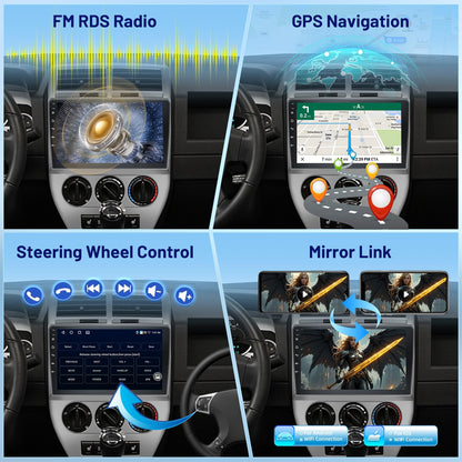 4G+64G Volxcereo Car Radio for Jeep Compass Patriot 2007 2008 2009, 10.1 inch Android Touchscreen Compass Stereo with Carplay/Android Auto, GPS Navigation, WiFi, Bluetooth, SWC, FM/RDS