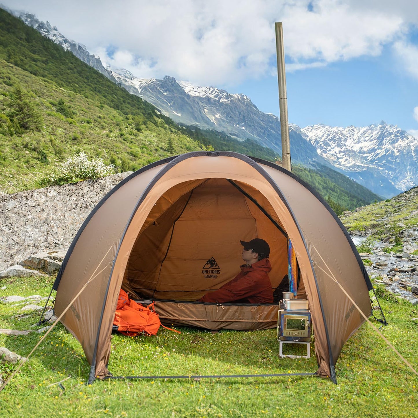 OneTigris Coco-NEST Solo Hot Tent with Stove Jack, 3000mm Waterproof Windproof Free-Standing Dome Tent with Mesh Inner