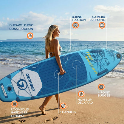 GENREEN Inflatable Stand-Up Paddle Boards - 11' x 32" Extra Wide Inflatable Paddle Board with SUP Accessories, Camera Bracket, Turtle Pattern, Basic All-Around SUP Board for All Skill Levels(Kempii)