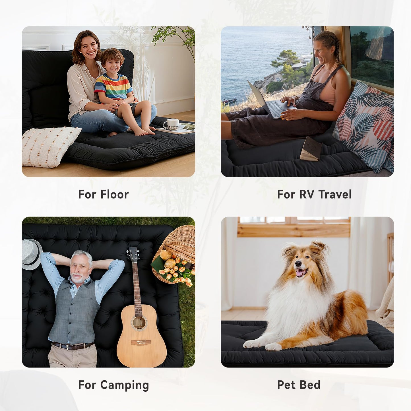 Ingdgnoso Japanese Floor Mattress, 3.5" Thicken Futon Mattress Tatami Mat, High Density Foam Support for Adult Kids Sleep, Portable Futon Sofa Bed for Camping, Pet Mat, Queen 80"x 60"（Black）