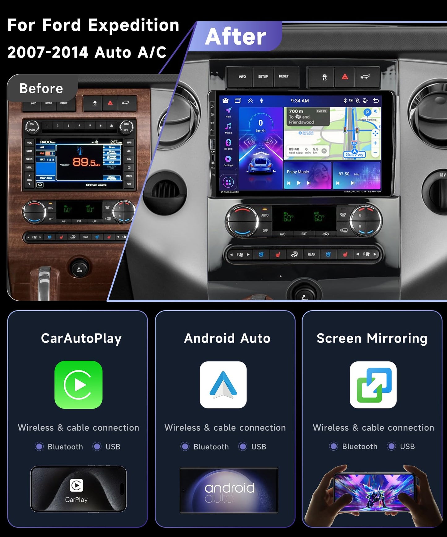 8Core 4G+64G Car Stereo for Ford Expedition 2007-2014 Automatic A/C Radio with 9inch 1280X720P Touchscreen,Wireless Carplay Android Auto,5.0 Bluetooth DSP 46EQ,59UI RDS/FM Radio Backup Camera