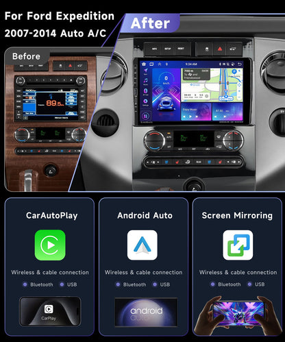8Core 4G+64G Car Stereo for Ford Expedition 2007-2014 Automatic A/C Radio with 9inch 1280X720P Touchscreen,Wireless Carplay Android Auto,5.0 Bluetooth DSP 46EQ,59UI RDS/FM Radio Backup Camera