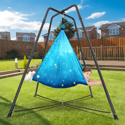 Swing Stand Frame with Sensory Swing Pod Chair, X-Shaped Swing Set, Metal Hammock Chair Stand for Adults Indoor and Outdoor 330LBS (Patterned-Star Blue)