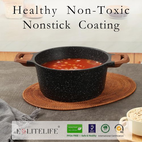 ESLITE LIFE Nonstick Cookware Set - 12 Pcs Granite Coating Pots & Pans | PFOA Free, Black, All Stovetops Compatible