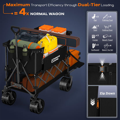 400L Double Decker Wagon Collapsible with 54" L Tailgate, 560lbs Heavy Duty Wagons Carts Foldable, Extra Large Folding Beach Wagon with Big All-Terrain Wheels for Camping, Sports, Groceries, Black