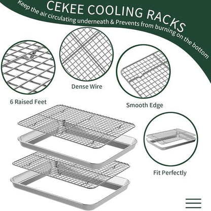 CEKEE Stainless Steel Jelly Roll Pan Set - 2 Baking Pans & 2 Cooling Racks, Nonstick & Rust Proof, 15.94 x 12 x 1 Inch