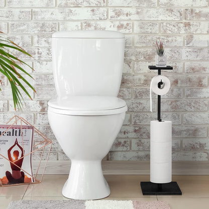 Skiennix Free Standing Toilet Paper Holder - Black Bathroom Tissue Dispenser with Storage Shelf