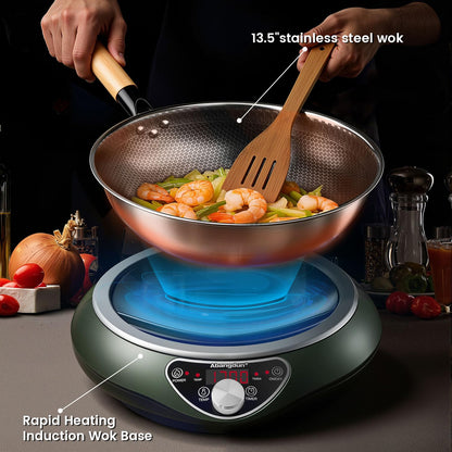 Abangdun 1700W 120V Concave Induction Wok Cooktop with Stainless Steel Wok, Non-Pulse Continuous Heating, 16 Power Levels, Portable Countertop Burner for Round-Bottom Woks & Stir-Fry Cooking