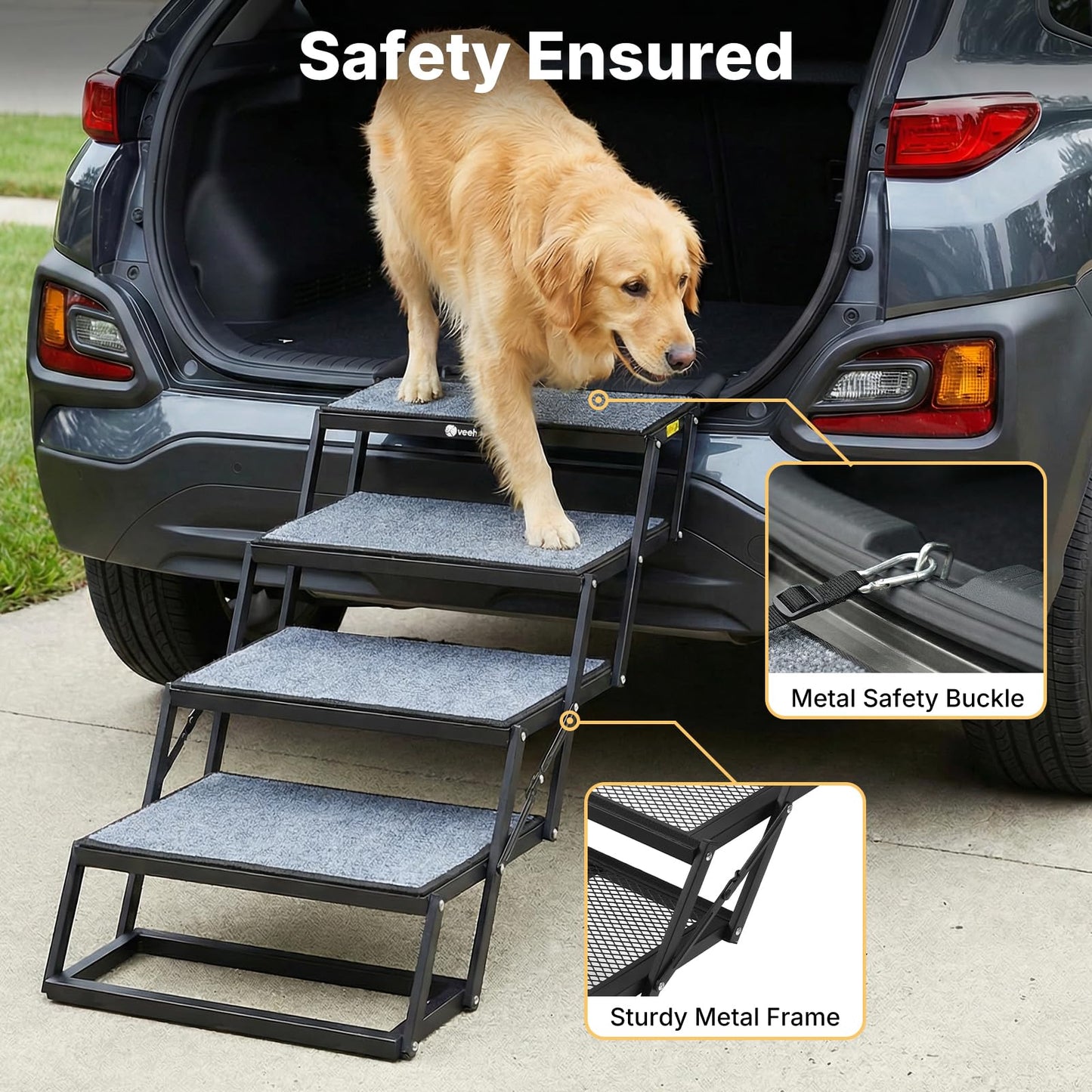 Veehoo Collapsible Dog Stairs for Large Dogs Extra Wide, 4 Steps Folding Dog Steps for Car Truck SUV 20" Wide, Heavy Duty Pet Loader Ramp Ladder Portable with Non Slip Surface, Support up to 200lbs
