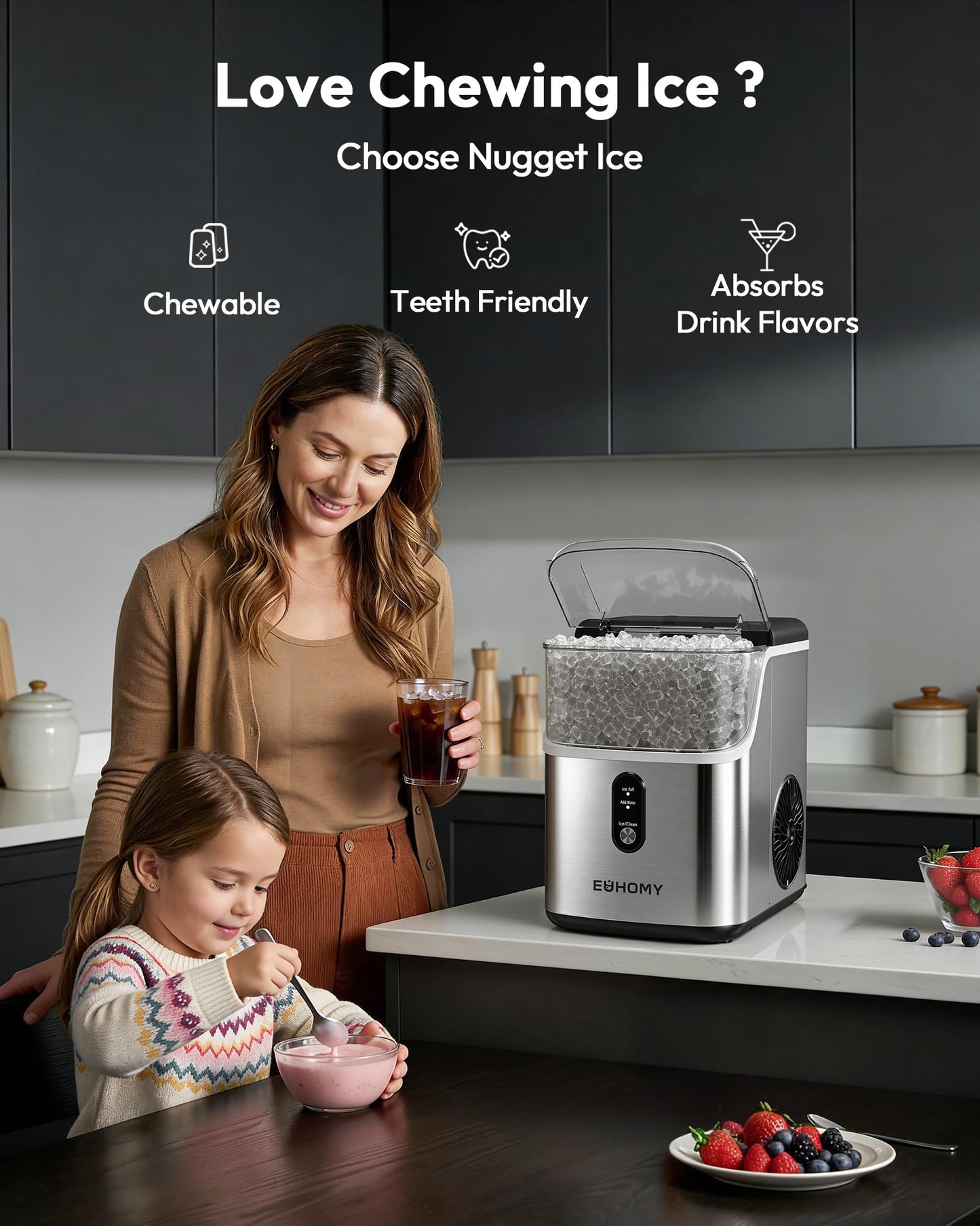 EUHOMY Nugget Ice Maker Countertop, Ready in 7 Mins, 35Lbs/24H Pebble Ice Maker Machine, Self-Cleaning Countertop Sonic Ice Makers with Ice Scoop&Basket, Pellet Ice Maker for Home, Stainless Steel
