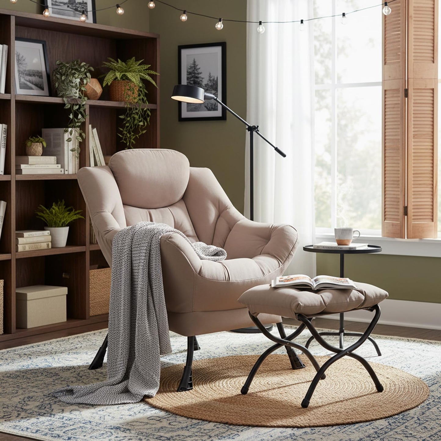 Welnow Lazy Chair with Ottoman, Modern Reading Accent Chair with Armrests and a Side Pocket, Leisure Upholstered Lazy Sofa Set with Footrest for Small Space, Khaki