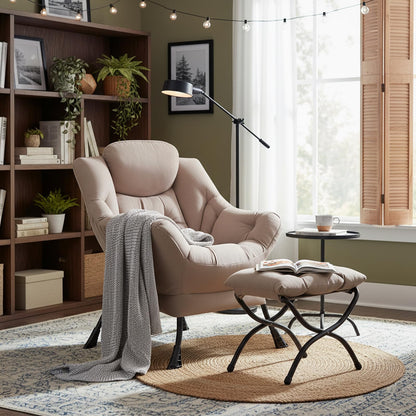Welnow Lazy Chair with Ottoman, Modern Reading Accent Chair with Armrests and a Side Pocket, Leisure Upholstered Lazy Sofa Set with Footrest for Small Space, Khaki