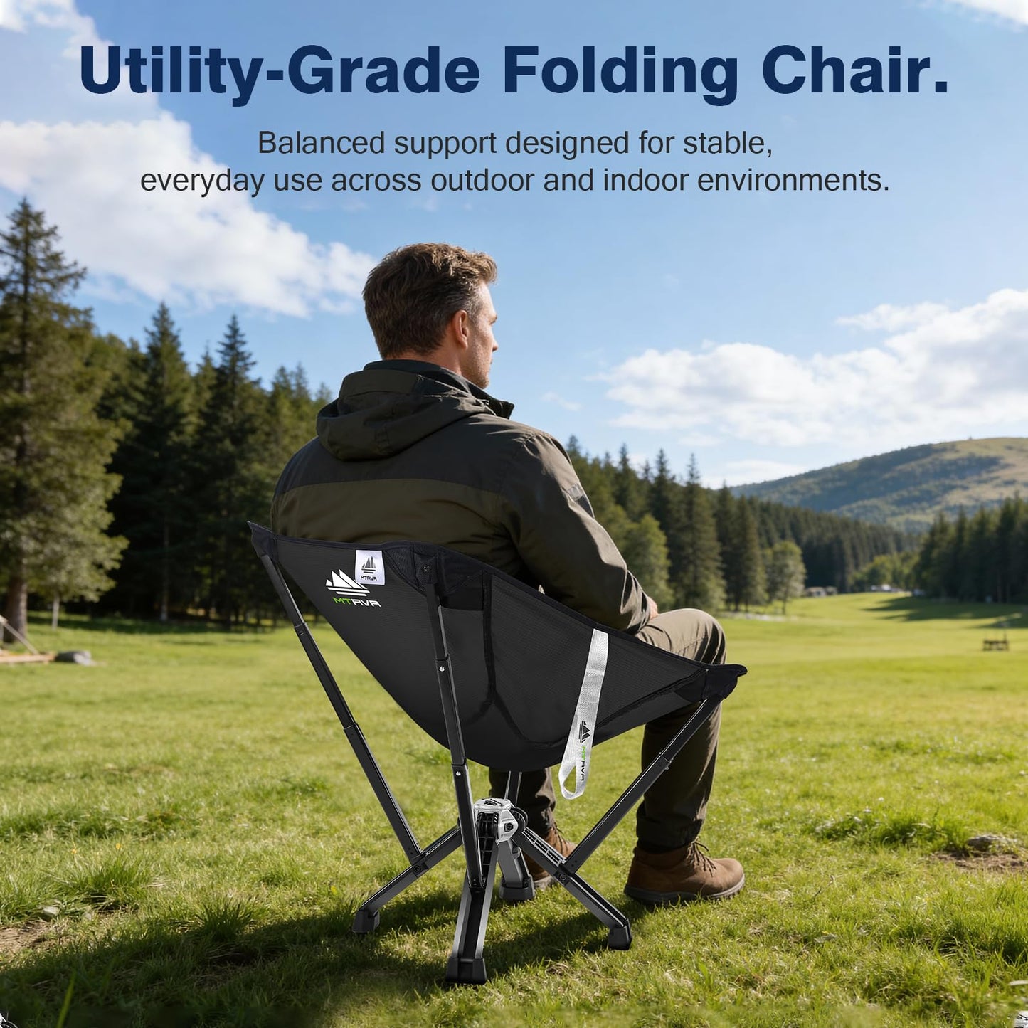 MTRVR Utility-Grade Folding Chair — Stable One-Piece Structure, Authorized Folding Structure Patent, Balanced Aluminum Support, Compact & Portable Chair for Camping, Fishing & Everyday Outdoor Use