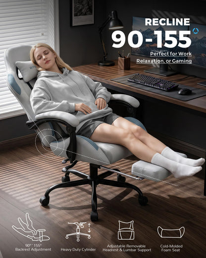 GTPLAYER Gaming Chair Fabric with Pocket Spring Cushion,Computer Office Chair with Lumbar Support for Adults Linkage Armrests and Footrest Ergonomic Gamings Chairs Height Adjustable Gray
