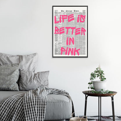 Skiennix Pink Wall Art - Retro Newspaper Canvas Poster with Positive Quote | 16x24in Minimalist Decor