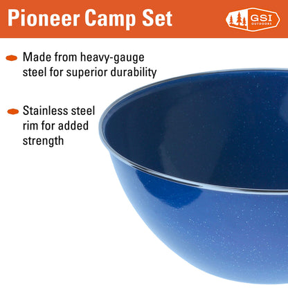 GSI Outdoors Camp Dinnerware Set I 4-Person Set Includes Pioneer Enamel Percolator, Frypan, Kettle, Bowls, Plates & Coffee Mugs