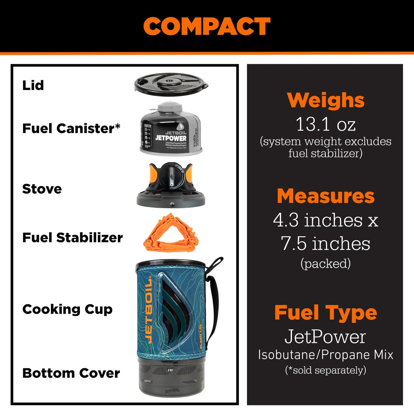 Jetboil Flash 1.0L Portable Fast Boil Stove for Camping and Backpacking with 1-Step Auto Ignition, Propane/Isobutane Burner with Cooking Cup, Ocean Topo