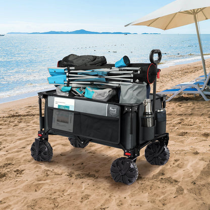 Timber Ridge Collapsible Wagon Utility Folding Cart Heavy Duty All Terrain Wheels for Outdoor Shopping Camping Garden Sports with Side Bag and Cup Holders, Grey