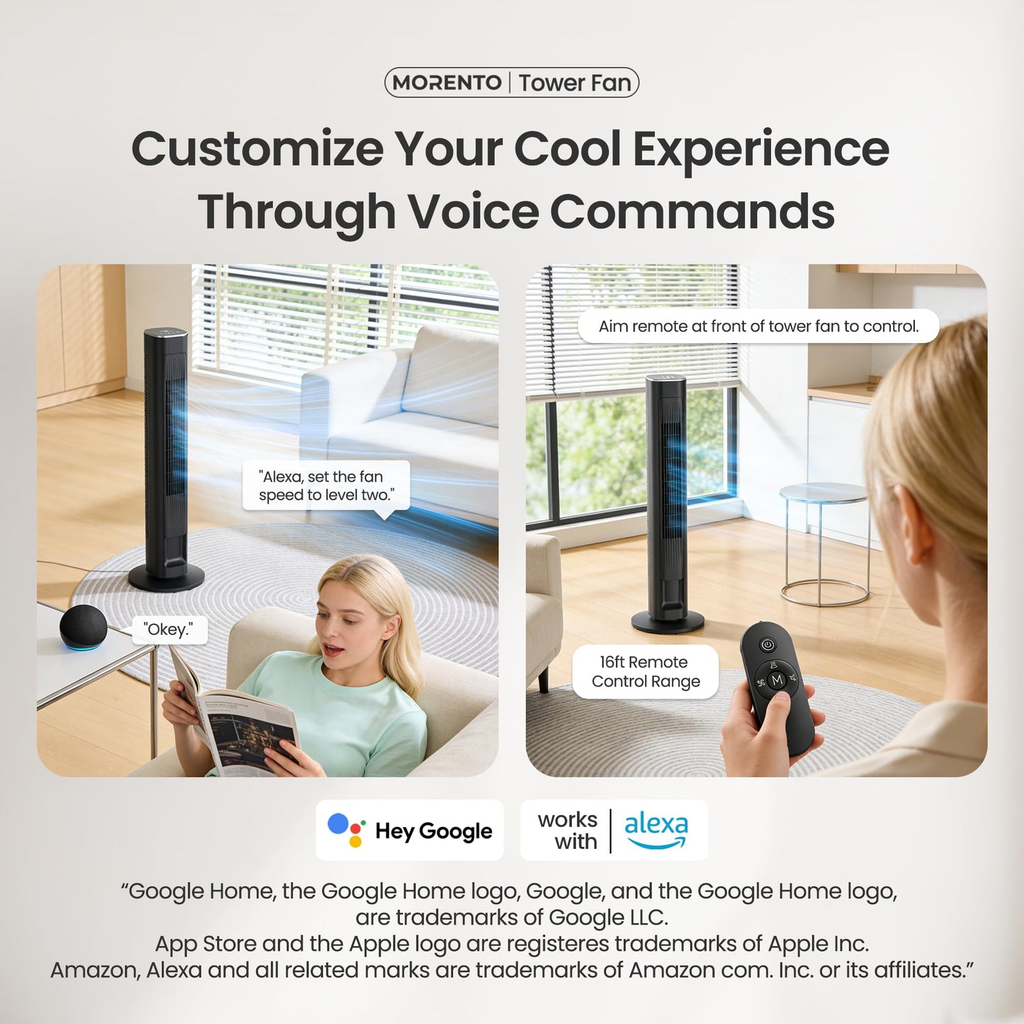 MORENTO Tower Fan for Bedroom, 2026 Upgraded 90° Oscillating 43" Standing Fan with 4 Speeds, 4 Modes, 25ft/s Velocity Bladeless Fan with APP/Voice/Remote/Touch Control, 28dB, 12H Timer, Black 1Pack