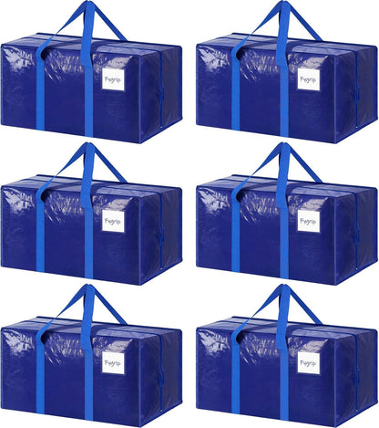 Regine Switzerland 6-Pack Extra Heavy Duty Moving Bags - Strong Zipper & Comfortable Handles, Durable Storage Totes in Blue