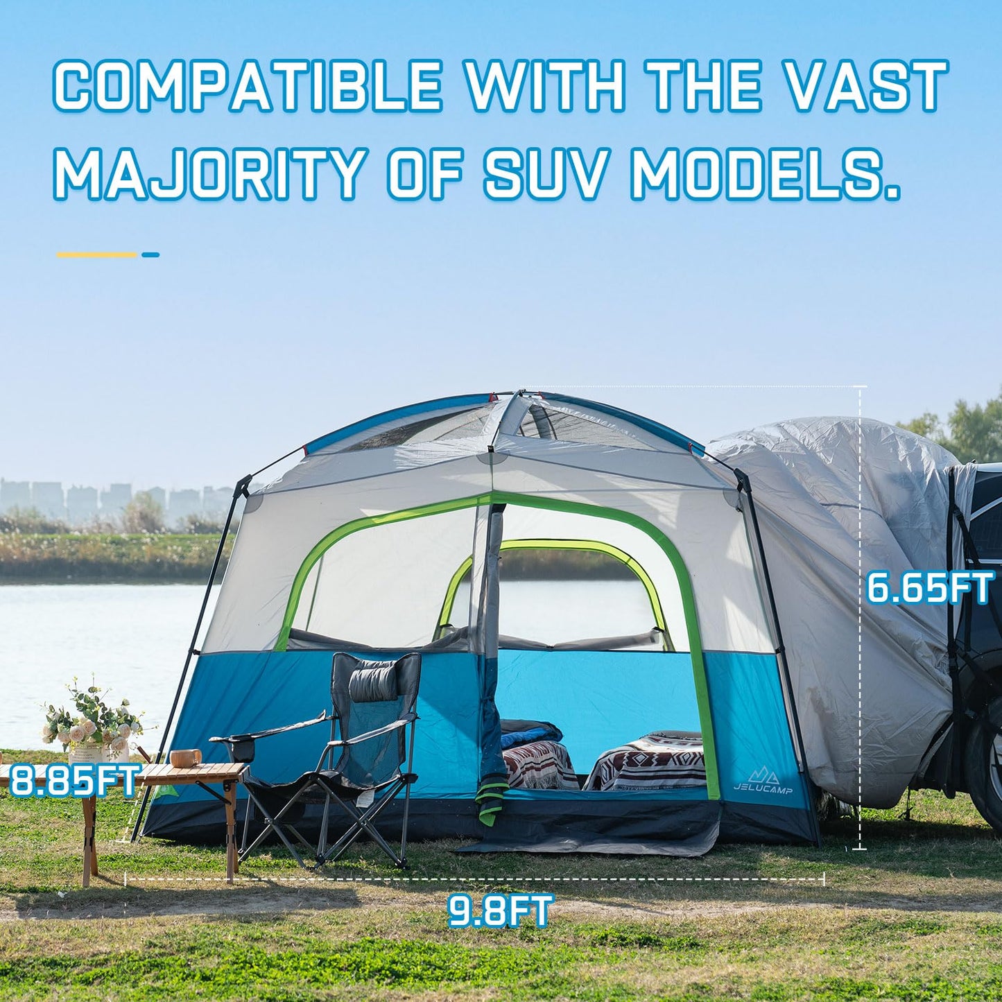 JELUCAMP SUV Tents for Camping 6 Person Waterproof, Car Family Camping Tent with Tailgate Attachment for SUV, Jeep, Truck with Cap, Easy Setup Large Tent for Outdoor Camping, Blue