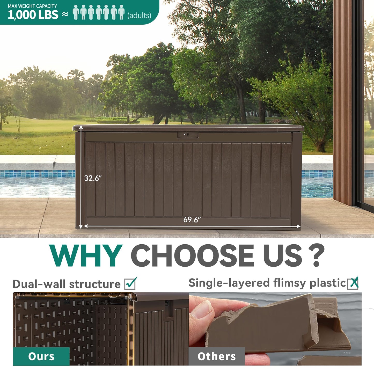 YITAHOME 320 Gallon Extra Large Deck Box, Double-Wall Resin Outdoor Storage Box with Flexible Divider for Patio Cushions Pool Supplies Garden Tools, 1000lbs Load Capacity, Lockable&Waterproof (Brown)