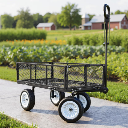 VEVOR 900 LBS Steel Garden Cart, 2 in 1 Handle, Heavy Duty Pullable Garden Wagon with 10" Flat-Free Tires, Outdoor Utility Yard Wagon Cart with Detachable Side Panels, Attach to ATV or Tractor
