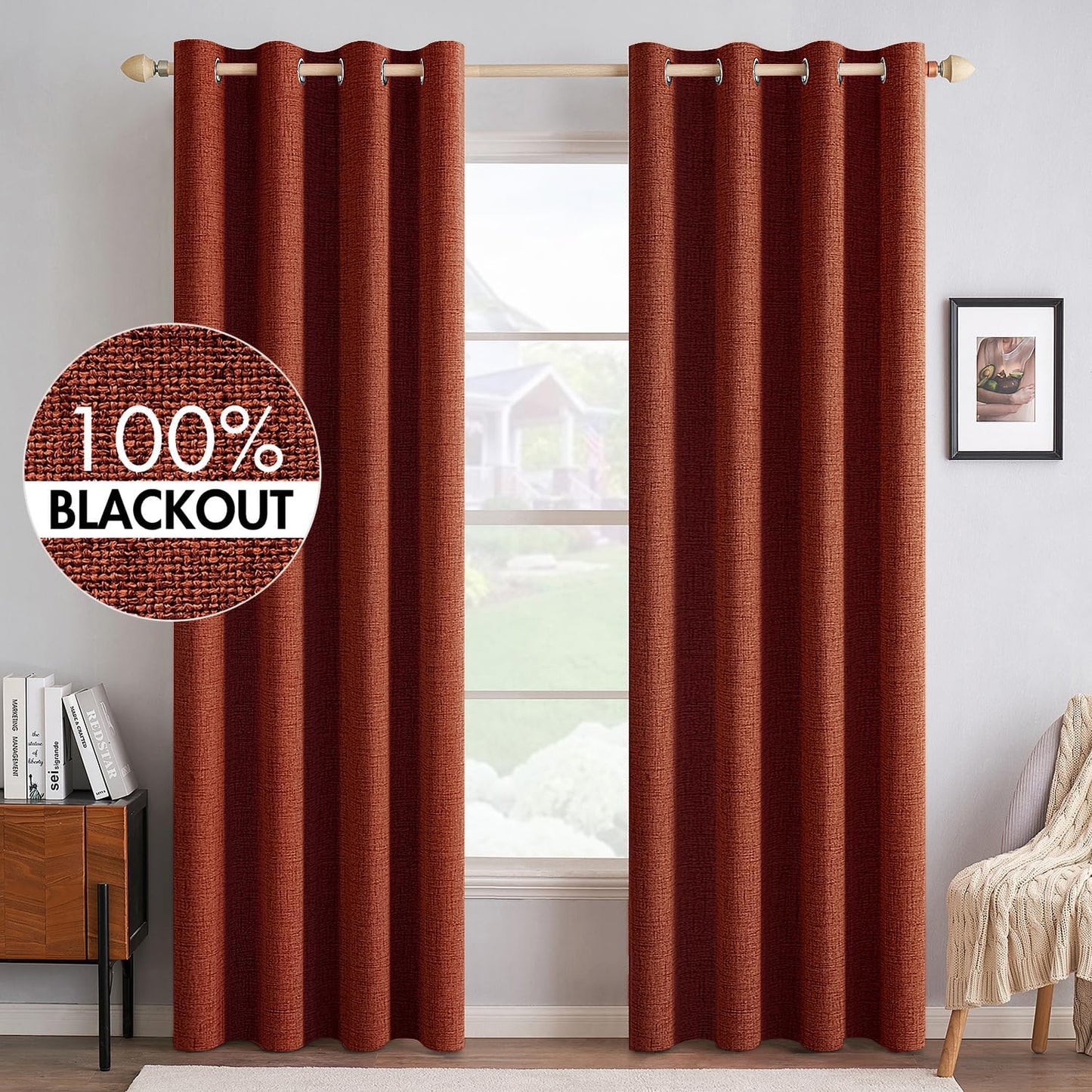 MIULEE Blackout Linen Curtains - Thermal Insulated Grommet Drapes in Burnt Orange | 52 x 90 Inch (2 Panels)