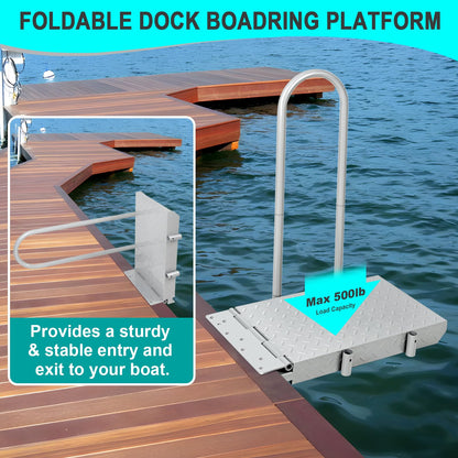 HomiShare Boat Boarding Platform with Handrail, Dock Extension Step with Safety Grab Bar, Folding Dock Boarding Platform for Marina, Dock, Deck, Boat, Silver
