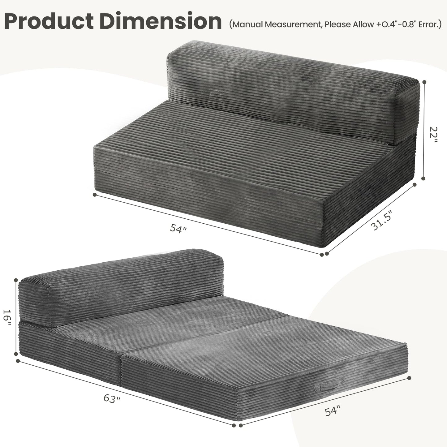 Winzoo 4-in-1 Folding Sofa Bed – Memory Foam Convertible Sleeper Chair with Pillow, No Assembly Required for Apartment, Guest Room, Camping