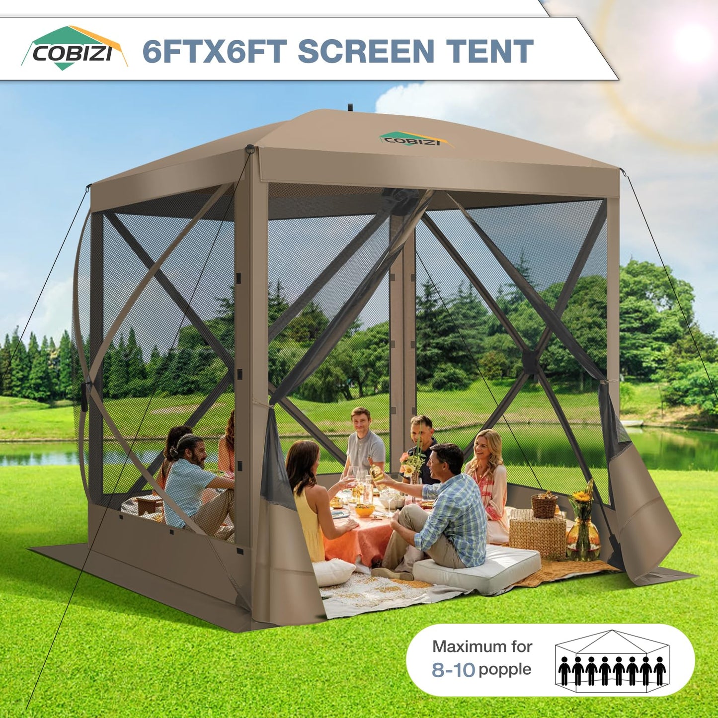 COBIZI Pop Up Gazebo Screen Tent Screen House for Camping, 6FTx6FT Screen Room with Mosquito Netting, Hub Tent Instant Screened Canopy with Carrying Bag and Ground Stakes, Khaki