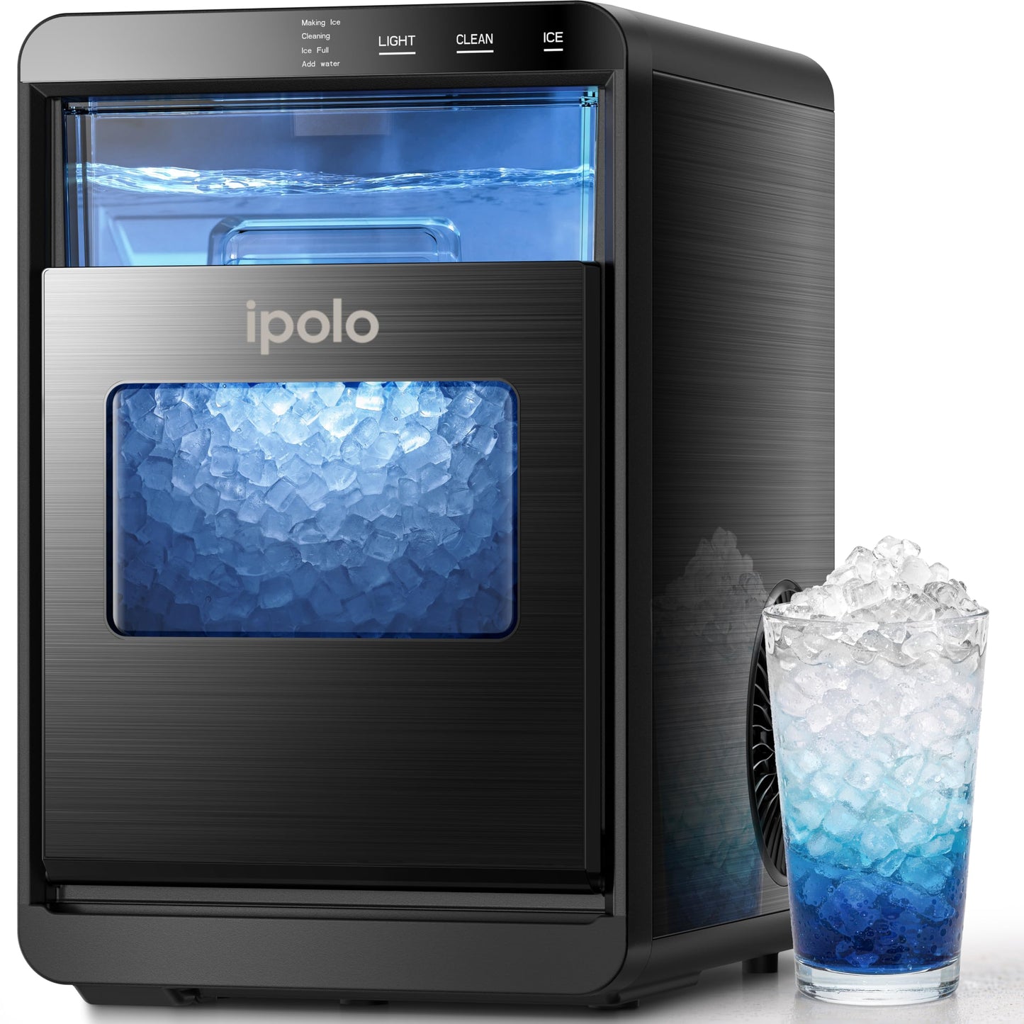 ipolo Nugget Ice Maker Countertop: 44lb/Day, Self-Cleaning, Black Stainless Steel, Portable, Soft Chewable Pebble Ice Machine for Home Kitchen, RV & Office