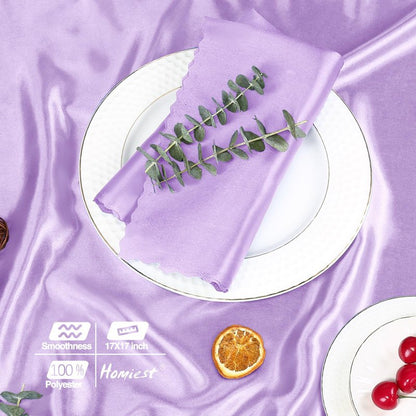 Homiest 12 Pack Light Purple Satin Dinner Napkins - 17x17 Inches, Scalloped, Silky Elegant Wedding & Party Napkins