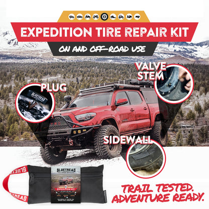 GlueTread Expedition All-Inclusive Off-Road Tire Repair Kit | Repair Any Kind of Tire Damage or Puncture | Includes Sidewall Tire Repair Patches, Plugs, and Colby Emergency Valve Stems