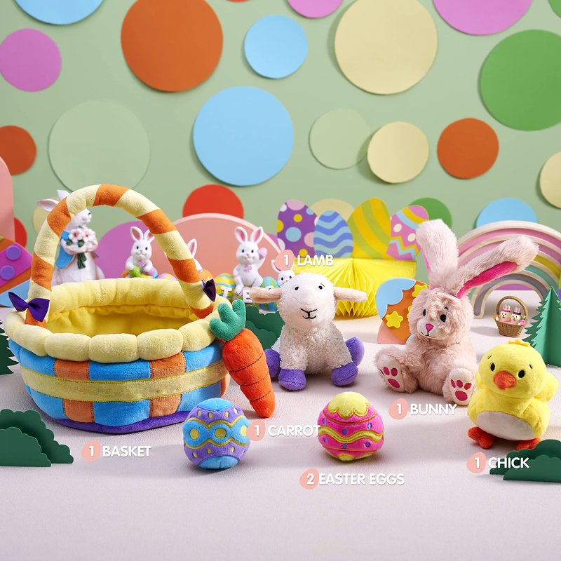 JOYIN 7 PCS Easter Basket Plush Playset Stuffers with Lamb Bunny Chick Carrot Egg Toys, Easter Party Favors Decorations Gifts Supplies for Baby Girls Boys Toddler Kids of All Ages