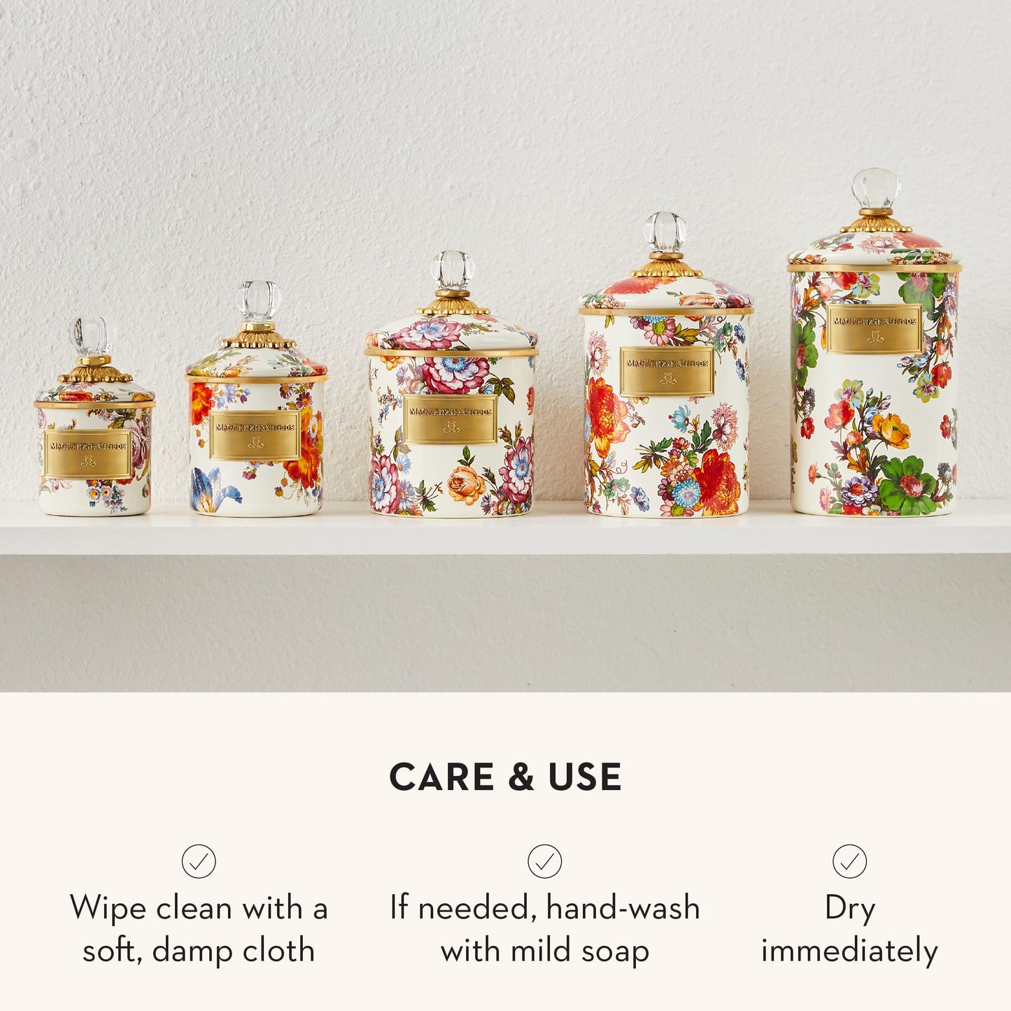 MACKENZIE-CHILDS Enamel Canister Set, Mini (14 oz.), Demi (24 oz.), and Small (38 oz.) Kitchen Containers, White Flower Market