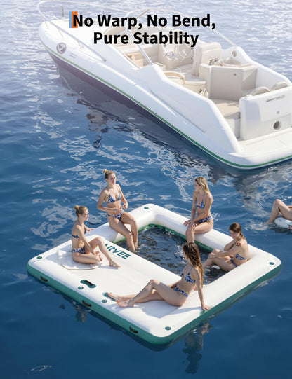 Inflatable Floating Island 10x10FT - with 4 * 7ft Trampoline Mesh Pool & Detachable Ladder - Portable Water Dock for Beach, Pool, Lake - Non-Slip Surface + Storage Bag